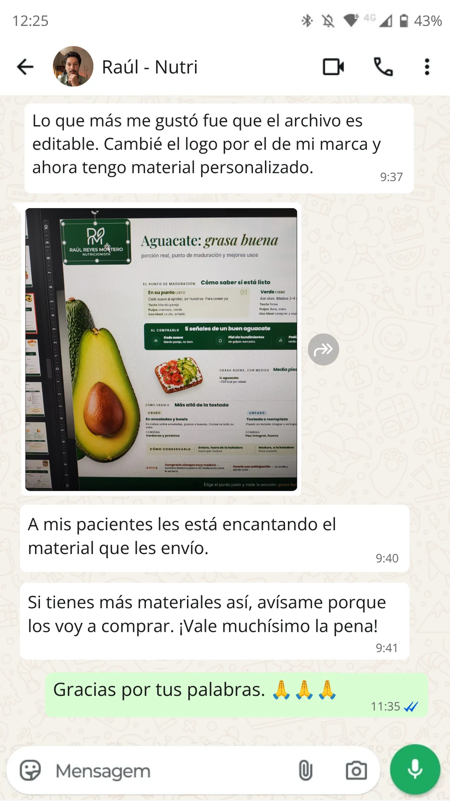 Captura de conversación de WhatsApp: testimonio de Raúl, nutricionista, sobre el material