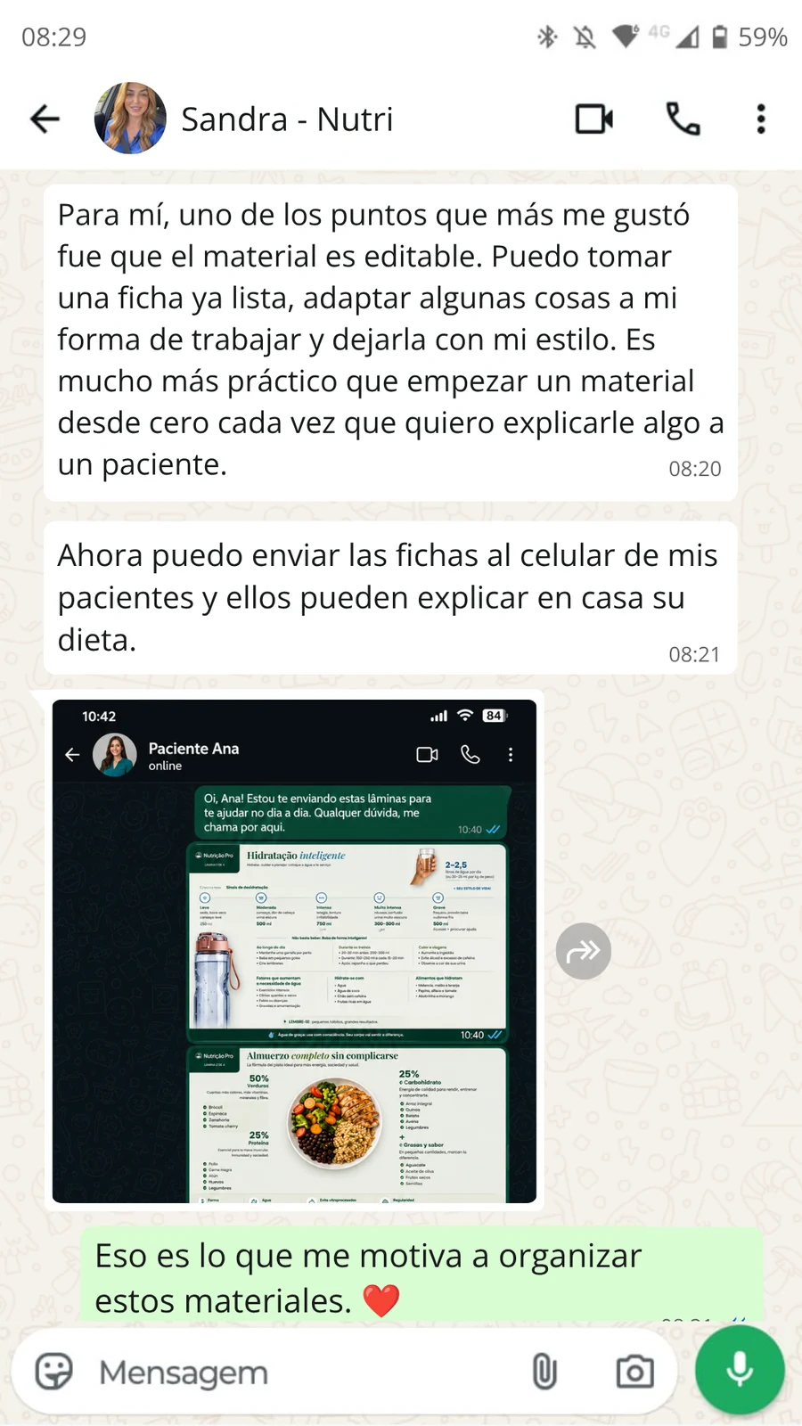 Captura de conversación de WhatsApp: testimonio de Sandra, nutricionista, sobre el material